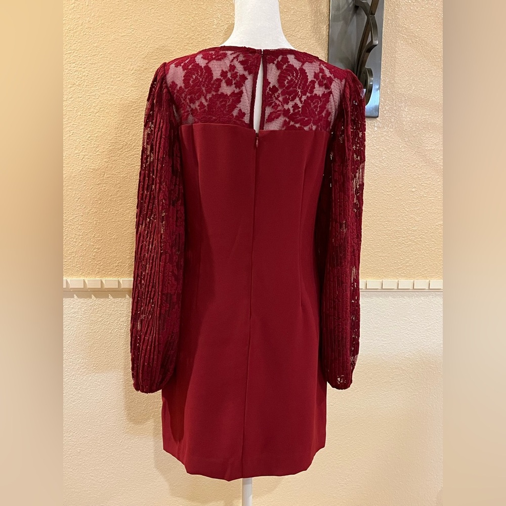 White House Black Market burgundy dress w/ pleated lace sleeves & neckline. S - Picture 6 of 14